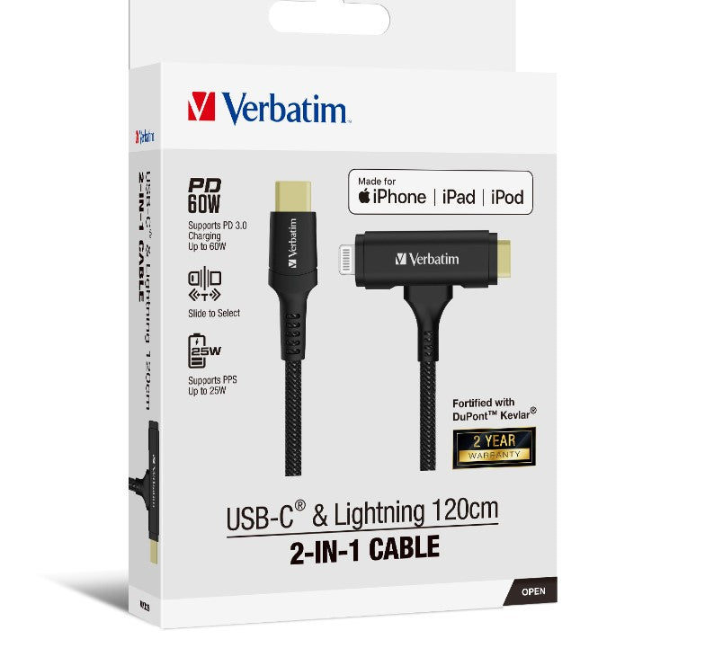 Verbatim 2-in-1 USB-C & Lightning Cable 120cm Kevlar