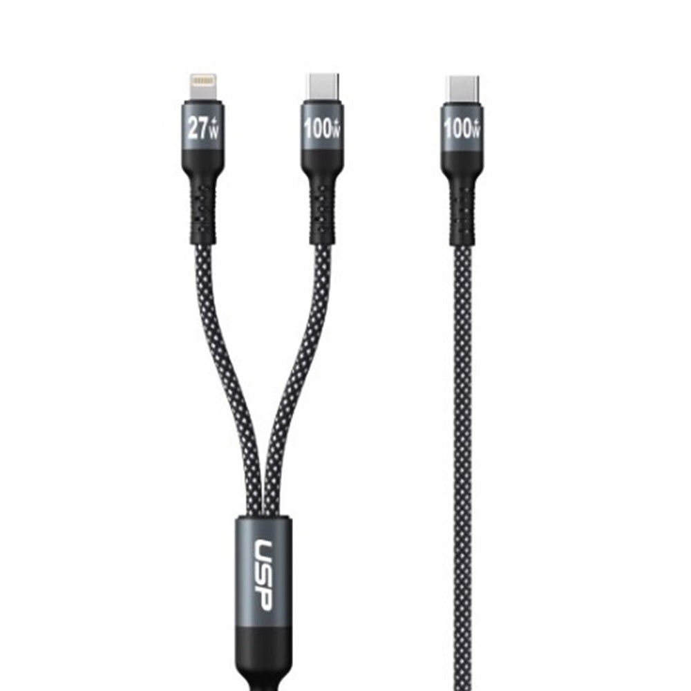 USP Braided 2-in-1 USB-C to Lightning + USB-C Cable 1.2M