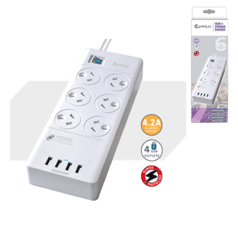 Sansai 6 Outlets & 4 USB Surge Protected Powerboard