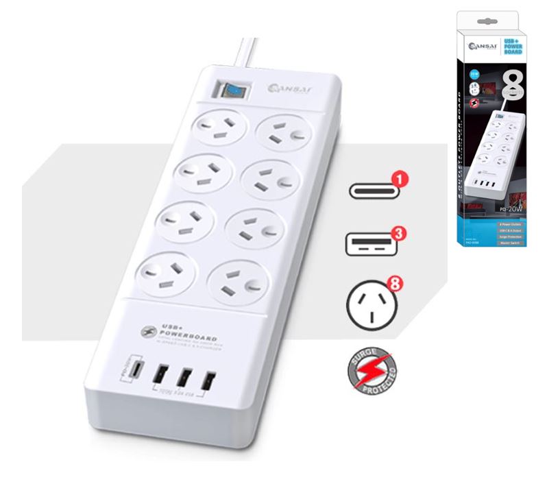 Sansai 8 Outlet Power Board with USB Charging