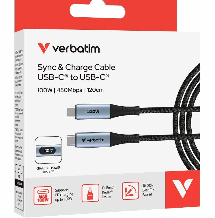 Verbatim Sync & Charge USB-C Cable 100W 120cm LED Display