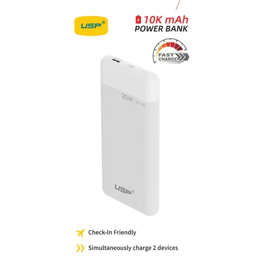 USP 10K mAh Power Bank White 20W Fast Charge