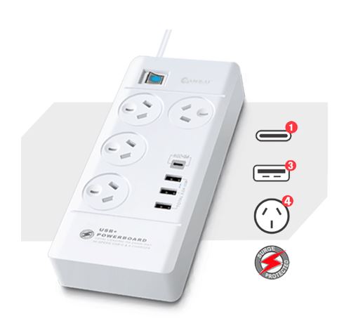 Sansai 4 Outlet Power Board with 3x USB-A & 1x USB-C