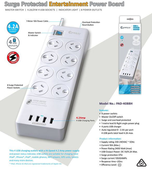 Sansai 8 Outlet Surge Protected Powerboard with 4 USB Ports